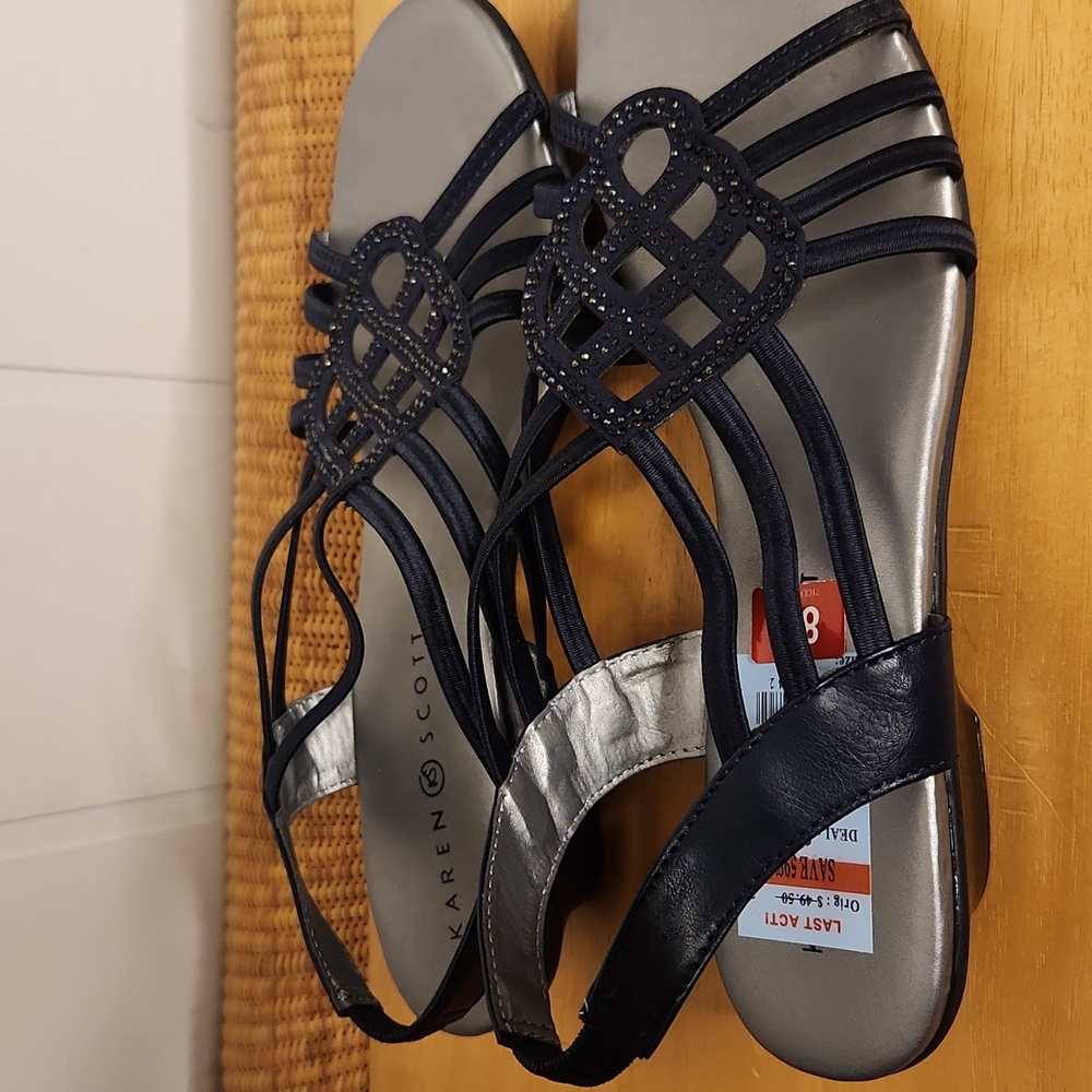 Karen Scott Navy Blue Sequins Strappy Kitten Heel Event Sandals - Picture 9 of 9